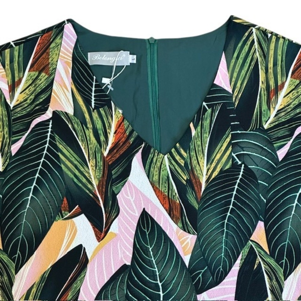 NWT Belongsci Leaf Print V-Neck Dress Bell Sleeve Bohemian Mini Dress Sz‎ Lg - Picture 6 of 16